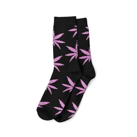 LONG SOCKS-SIZE(36-42) - Black with Pink Leaves